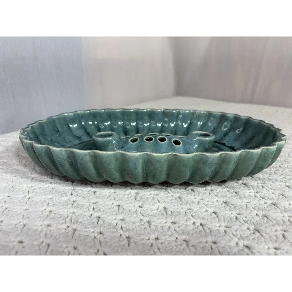 Vintage Green Celadon USA Ceramic Flower Frog and Candlestick Holder 13